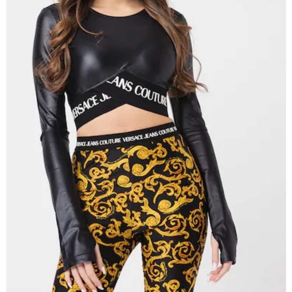 Versace Jeans Collection Black Logo-Waist Cropped Long Sleeve Top - Picture 2 of 12